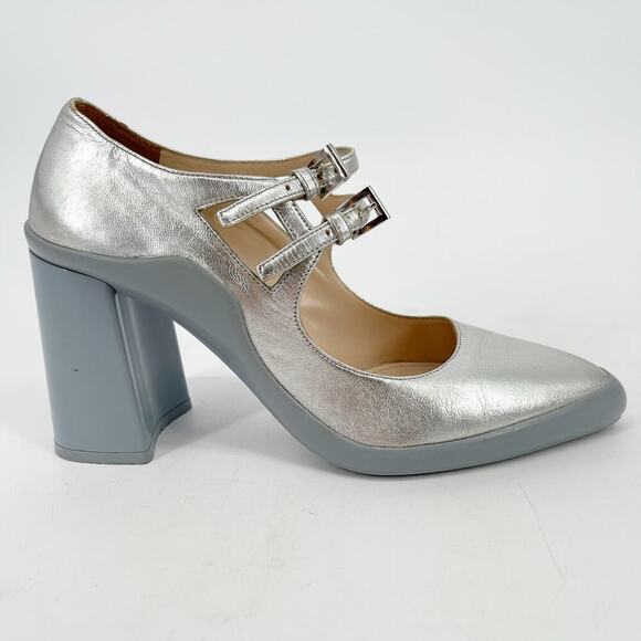 Prada F/W 2015 Silver Metallic Leather Mary Jane Rubber Trim Block Heels IT 37.5 - Picture 4 of 16